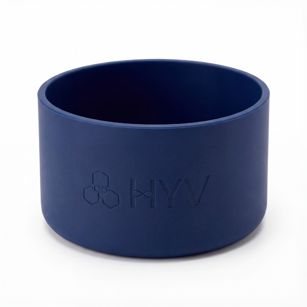 HYV silicone bottle boot in indigo navy, embossed with the HYV mark