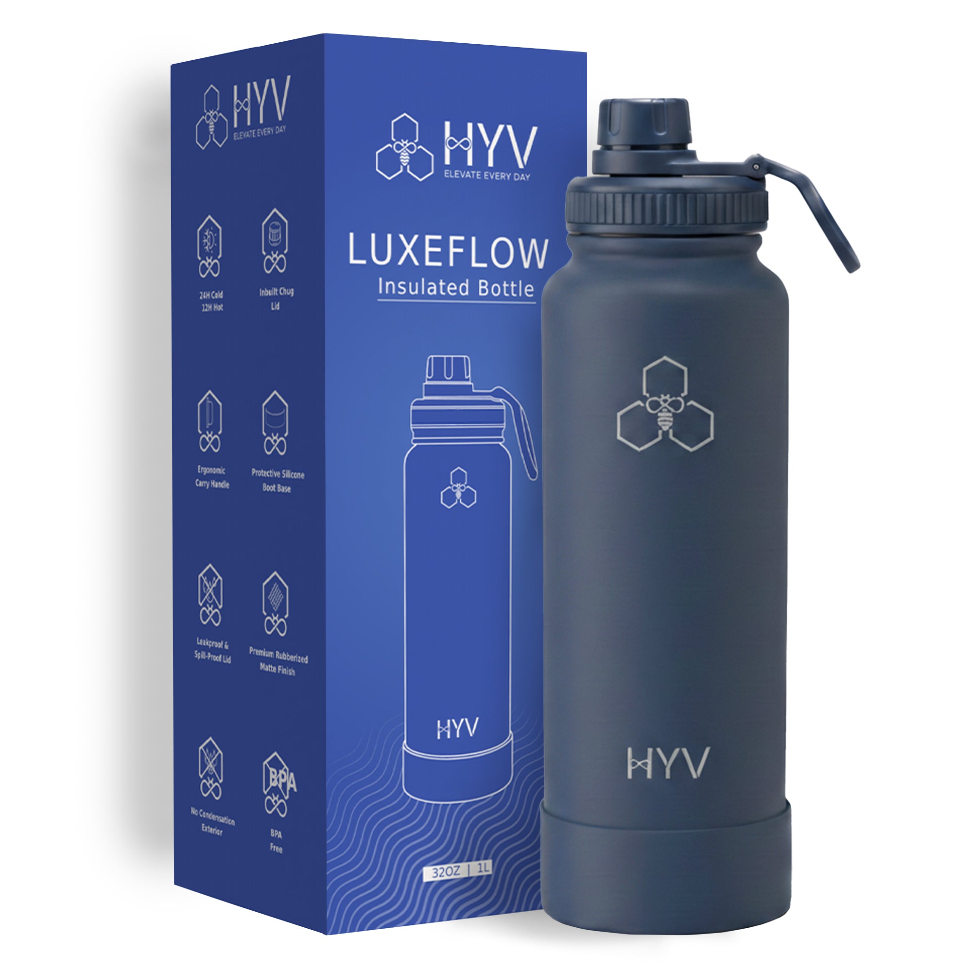 HYV LuxeFlow – Premium Insulated Water Bottle with Chug Cap | 1 Litre, BIS Certified HYV Healthtech Private Ltd
