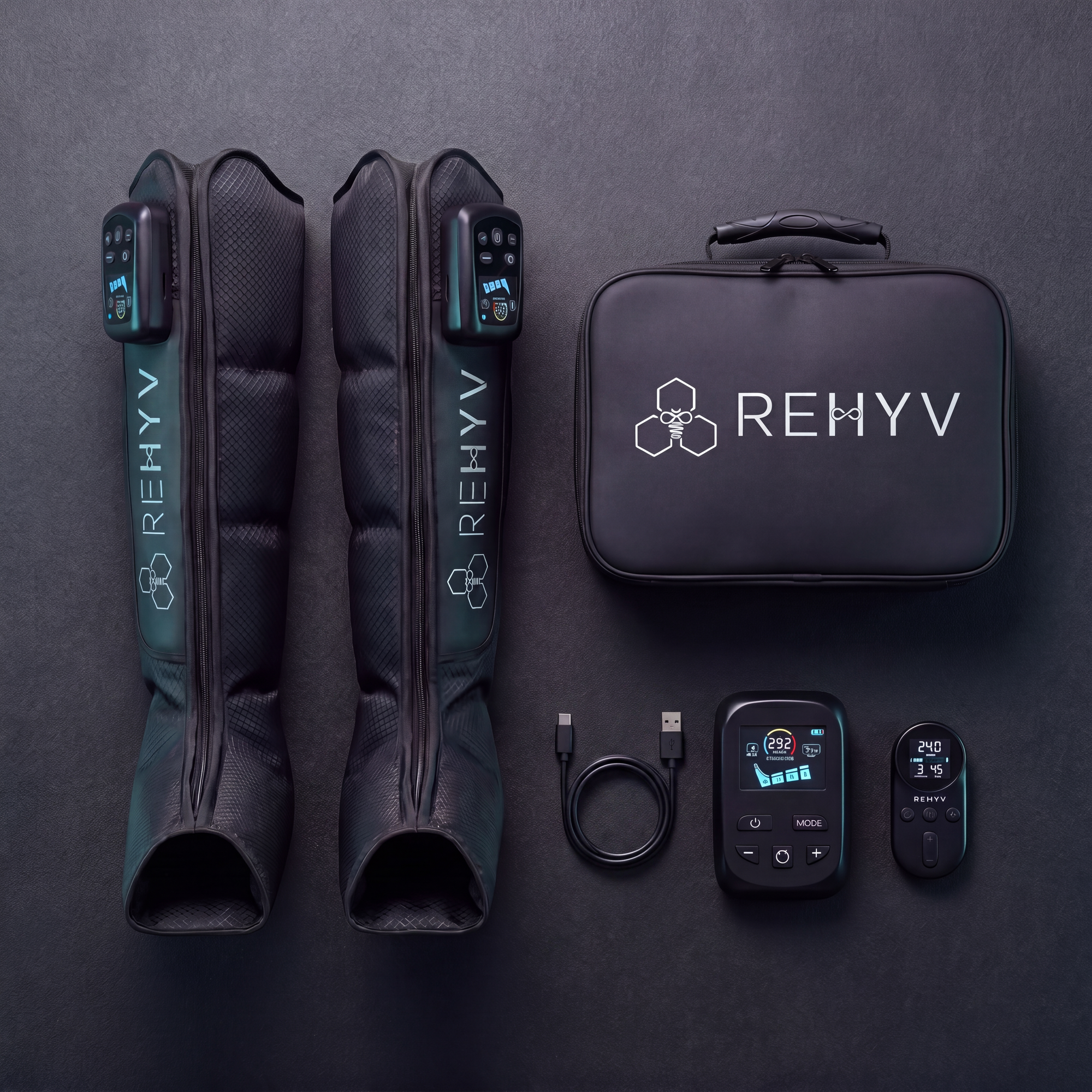 ReHYV Pulse Pro carry case opened — leg sleeves, controller, wireless remote