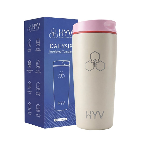 HYV DailySip 600ml tumbler in cream white, beside its blue retail box