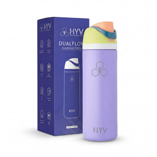 HYV DualFlow 750ml bottle in lilac purple, beside its purple retail box
