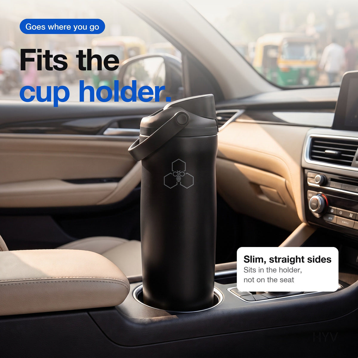 HYV DualFlow Carry: slim bottle sitting in a car cup holder