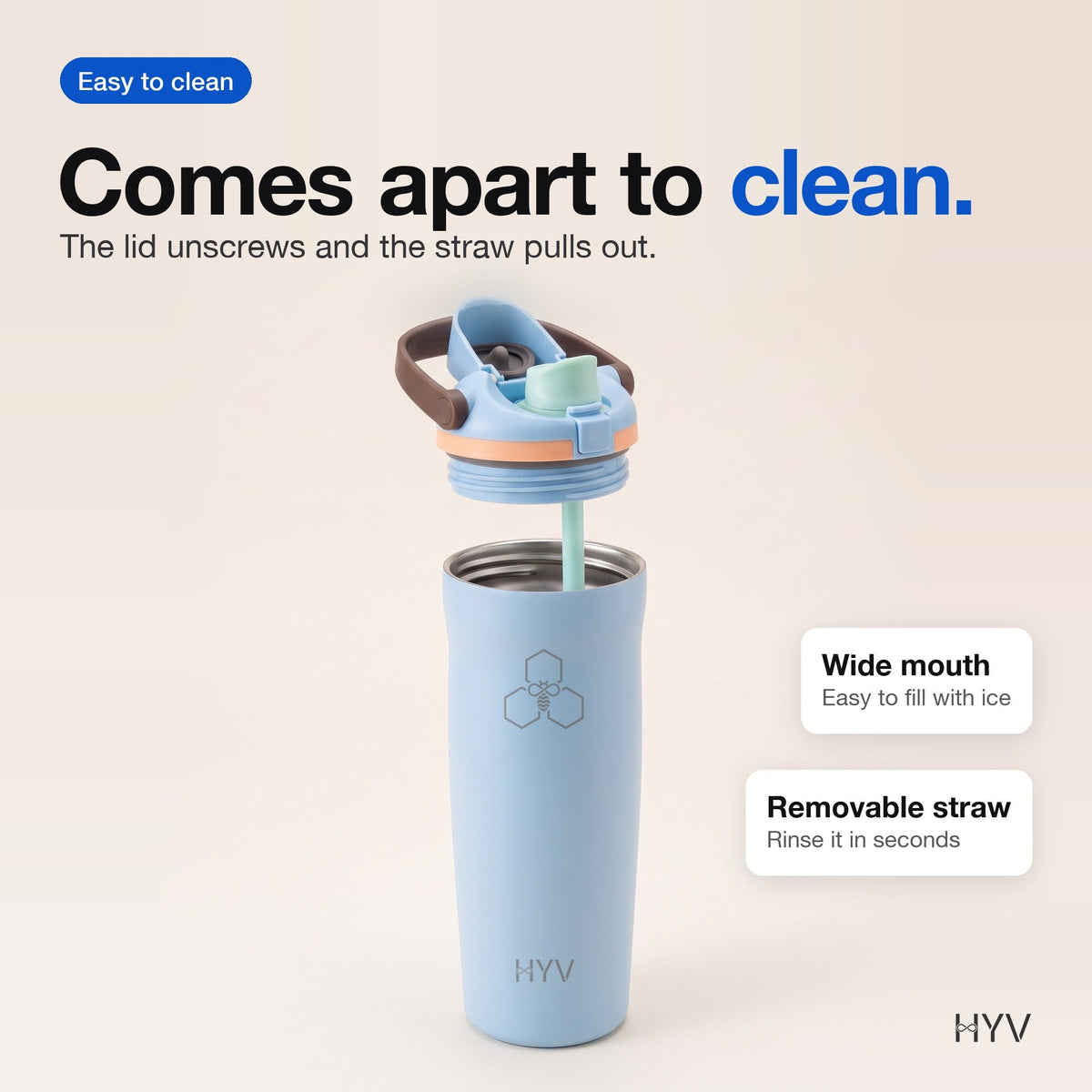 HYV DualFlow Carry: lid unscrewed and straw pulled out for cleaning