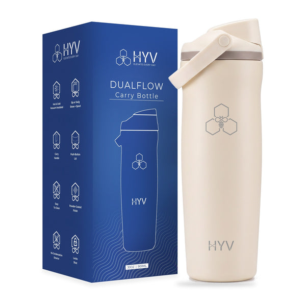 HYV DualFlow Carry in Vanilla Cream, beside its blue HYV box