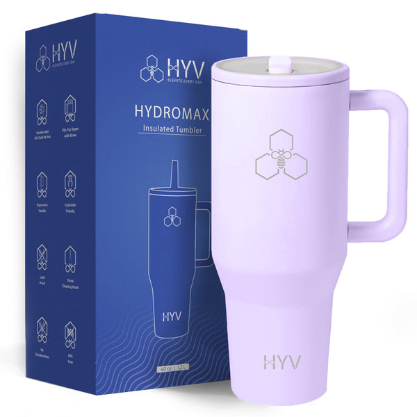 HYV HydroMax 1.2 litre tumbler in lavender, beside its blue retail box
