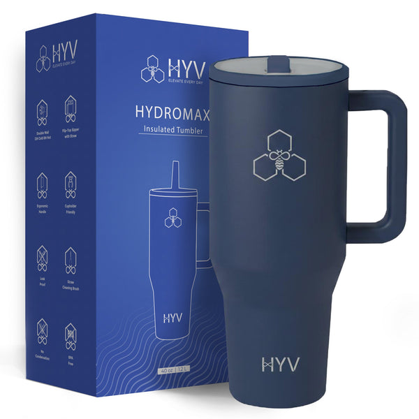 HYV HydroMax 1.2 litre tumbler in indigo navy, beside its blue retail box