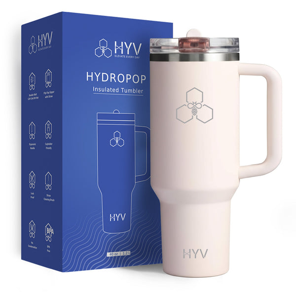 HYV HydroPop 1.2 litre tumbler in blush pink, beside its blue retail box