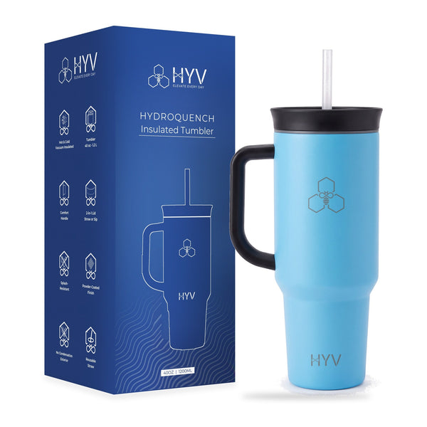 HYV HydroQuench in Glacier Blue, beside its blue HYV box