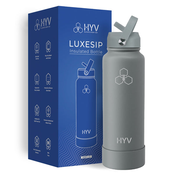 HYV LuxeSip 1 litre bottle in charcoal grey, beside its blue retail box