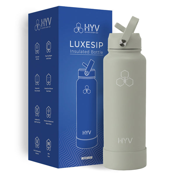 HYV LuxeSip 1 litre bottle in stone sage, beside its blue retail box