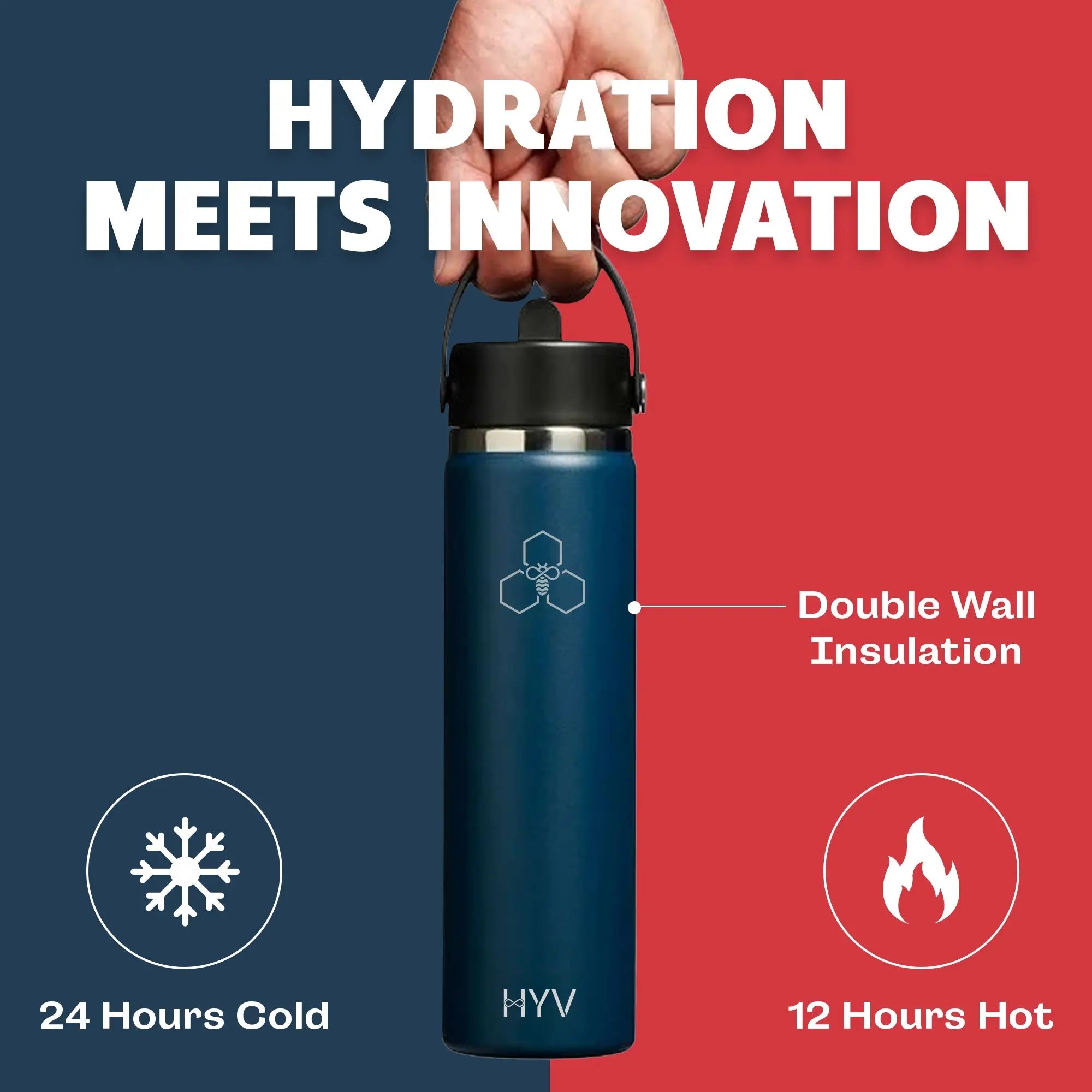 HYV MagFlex - Insulated Bottle with Magnetic Lid, Chug & Sipper Cap (710ml) - HYV