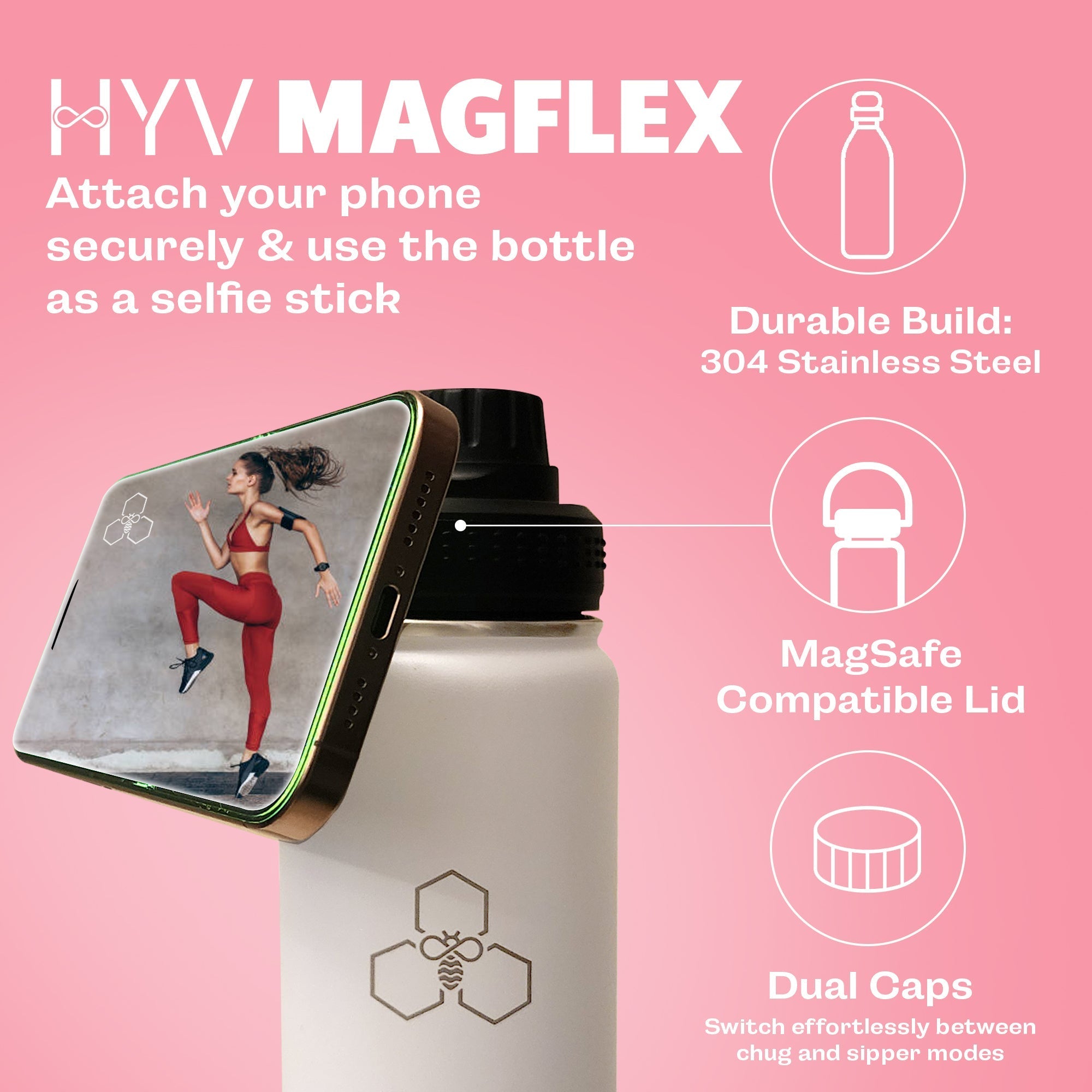 HYV MagFlex - Insulated Bottle with Magnetic Lid, Chug & Sipper Cap (710ml) - HYV
