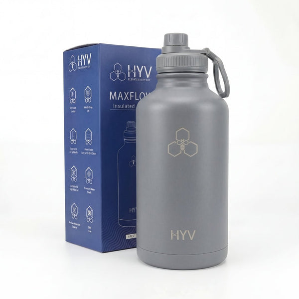HYV MaxFlow 2 litre bottle in charcoal grey, beside its blue retail box