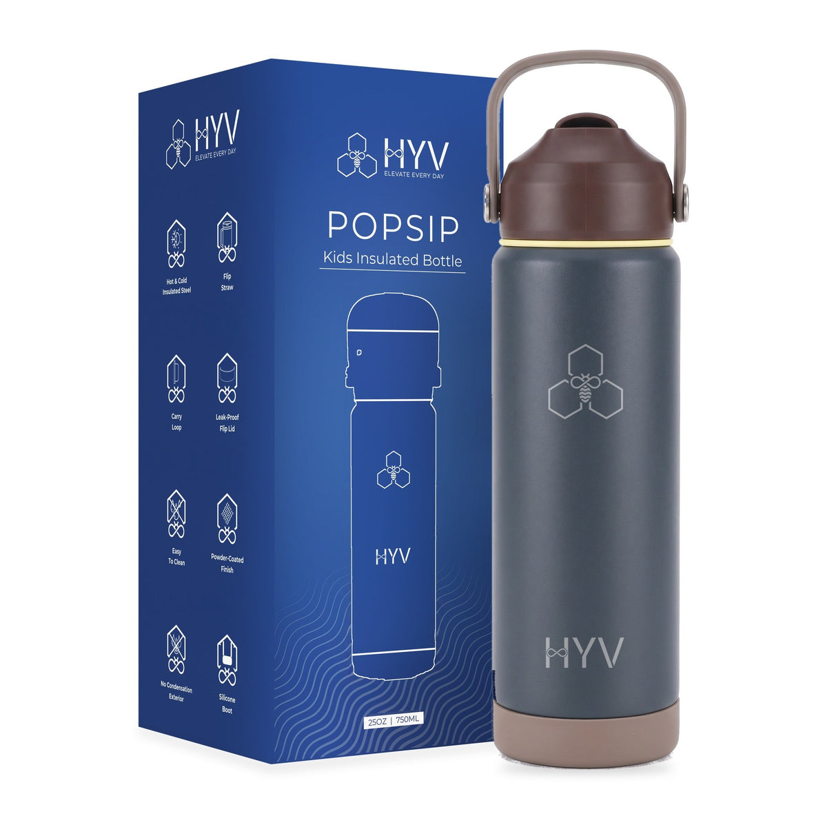 HYV PopSip in Choco Fudge, beside its blue HYV box