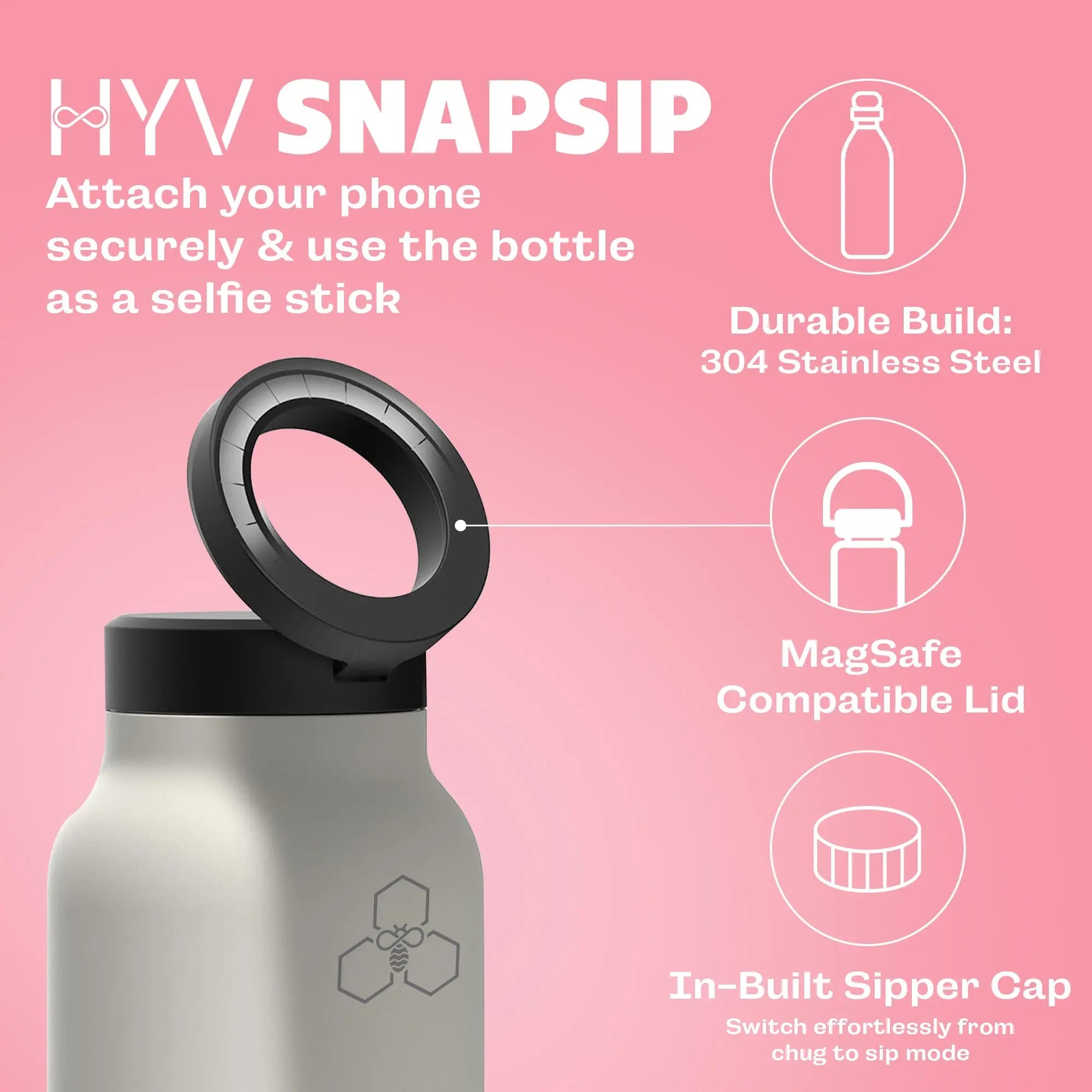 HYV SnapSip - Insulated Bottle with Magnetic Lid & Built - In Selfie Stick (710ml) - HYV