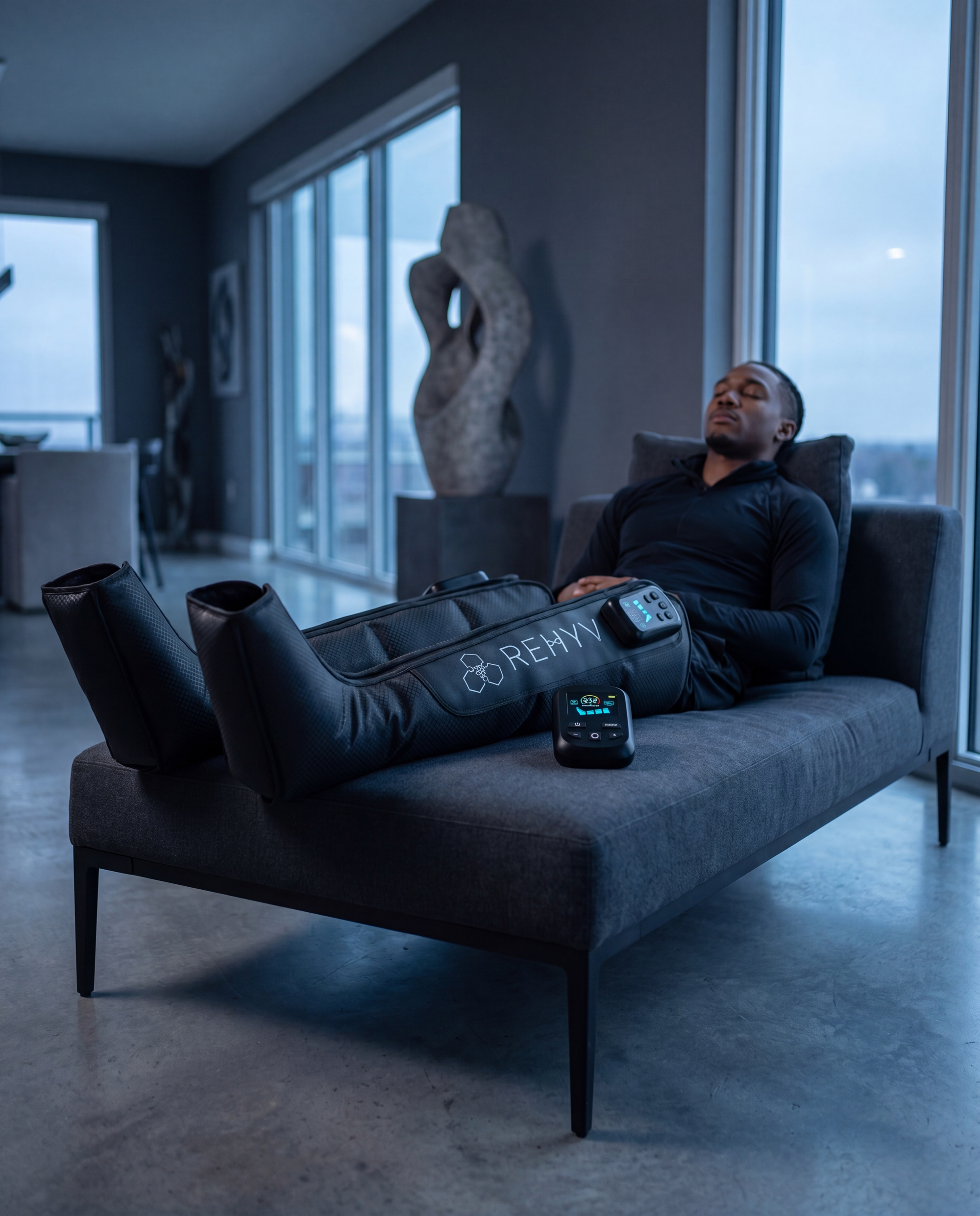 Recovery session with ReHYV Pulse Pro — legs elevated, premium interior