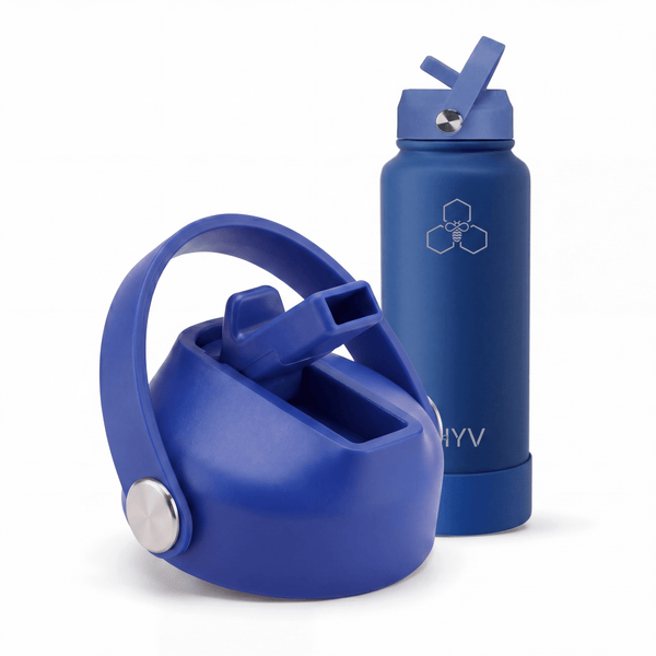 HYV flip-top sipper lid in cobalt blue, shown in front of a matching 1 litre bottle