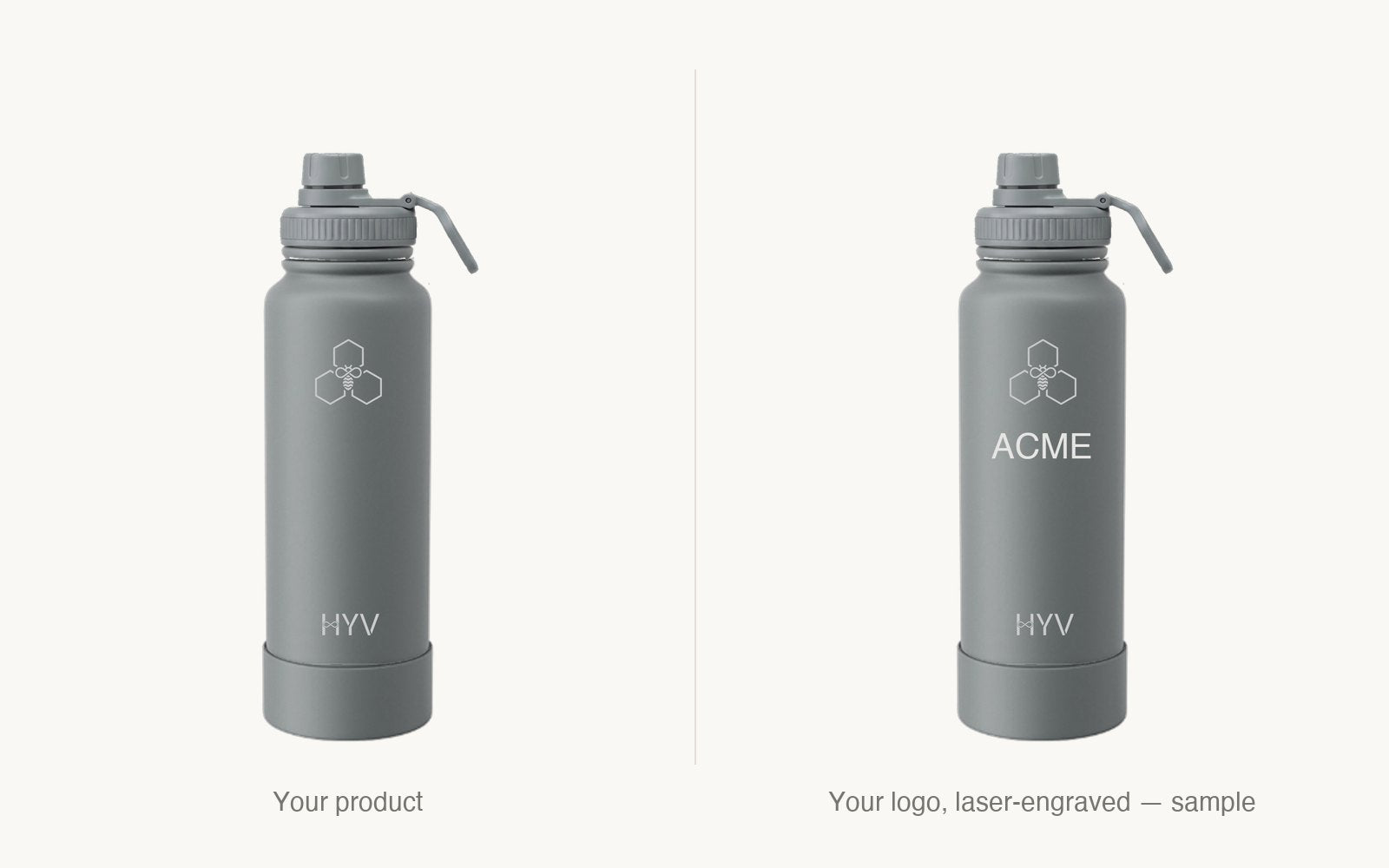 Plain bottle next to the same bottle with a sample ACME logo engraved