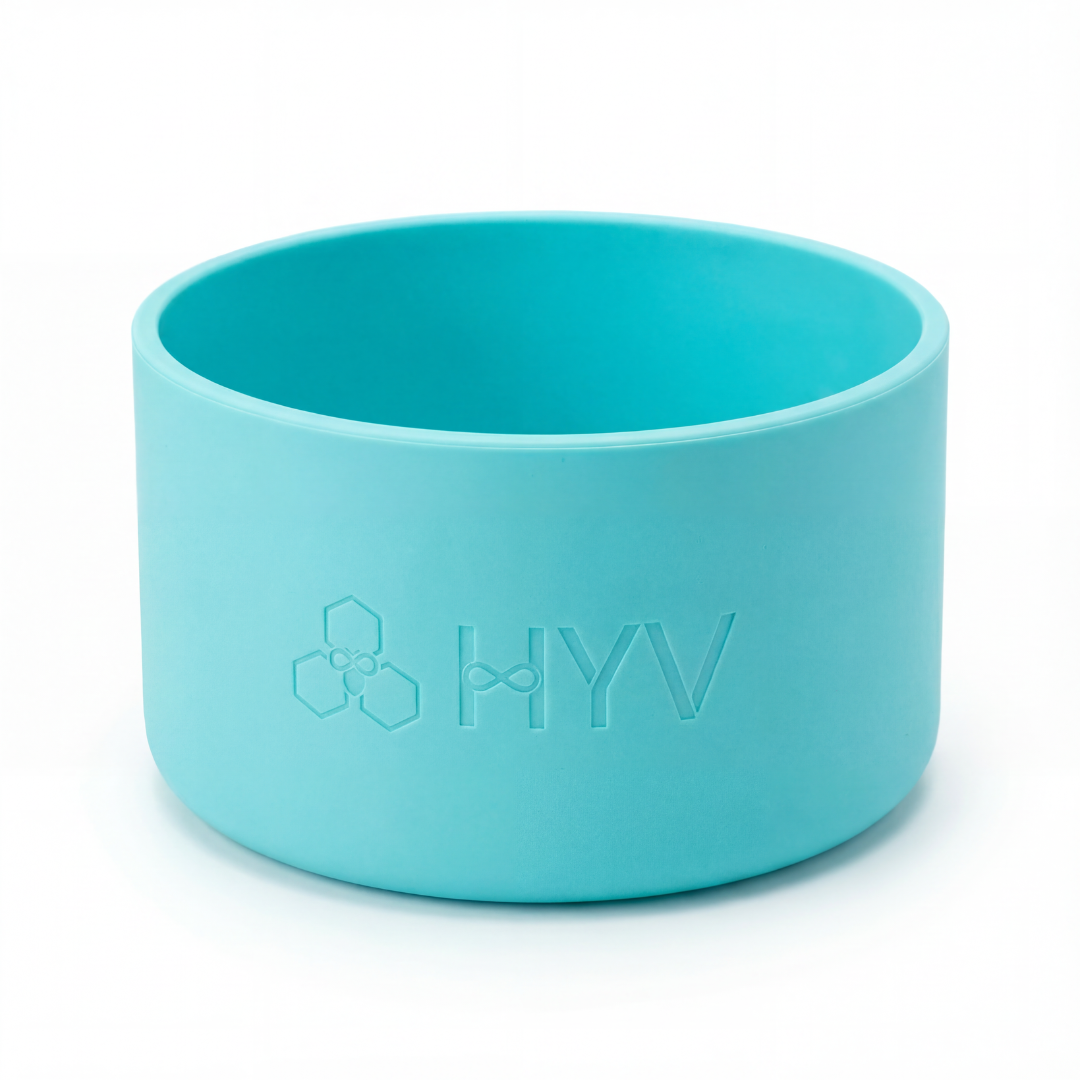 HYV silicone bottle boot in turquoise, embossed with the HYV mark
