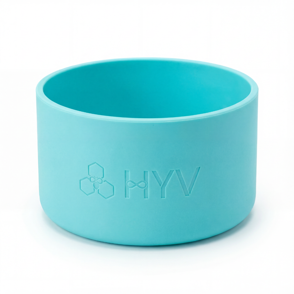 HYV silicone bottle boot in turquoise, embossed with the HYV mark
