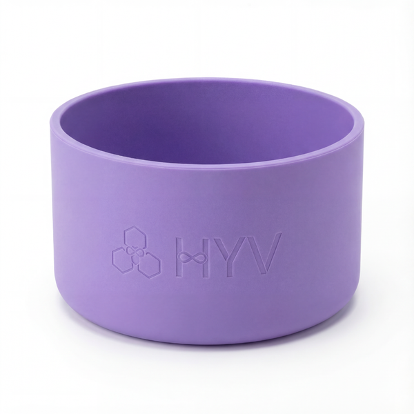 HYV silicone bottle boot in lilac purple, embossed with the HYV mark