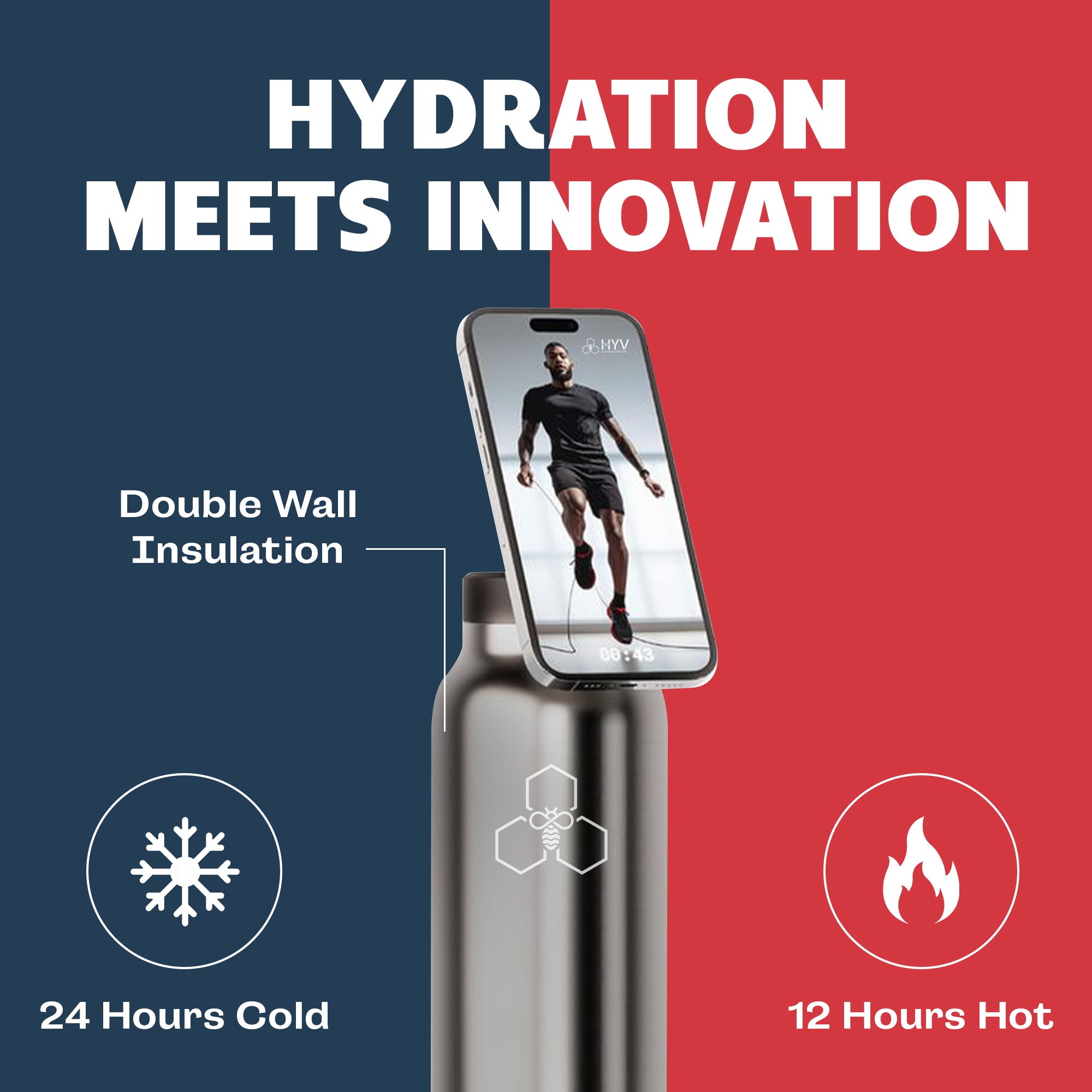 HYV SnapSip - Insulated Bottle with Magnetic Lid & Built-In Selfie Stick (710ml)
