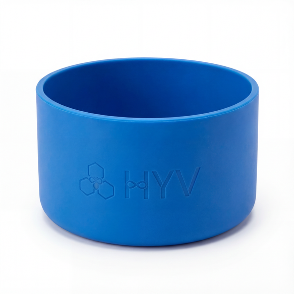 HYV silicone bottle boot in cobalt blue, embossed with the HYV mark