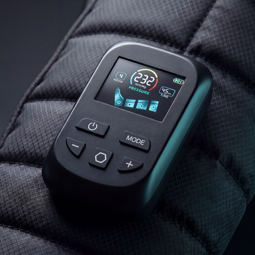 ReHYV Pulse Pro controller on the sleeve — full-colour LCD showing pressure, mode and time