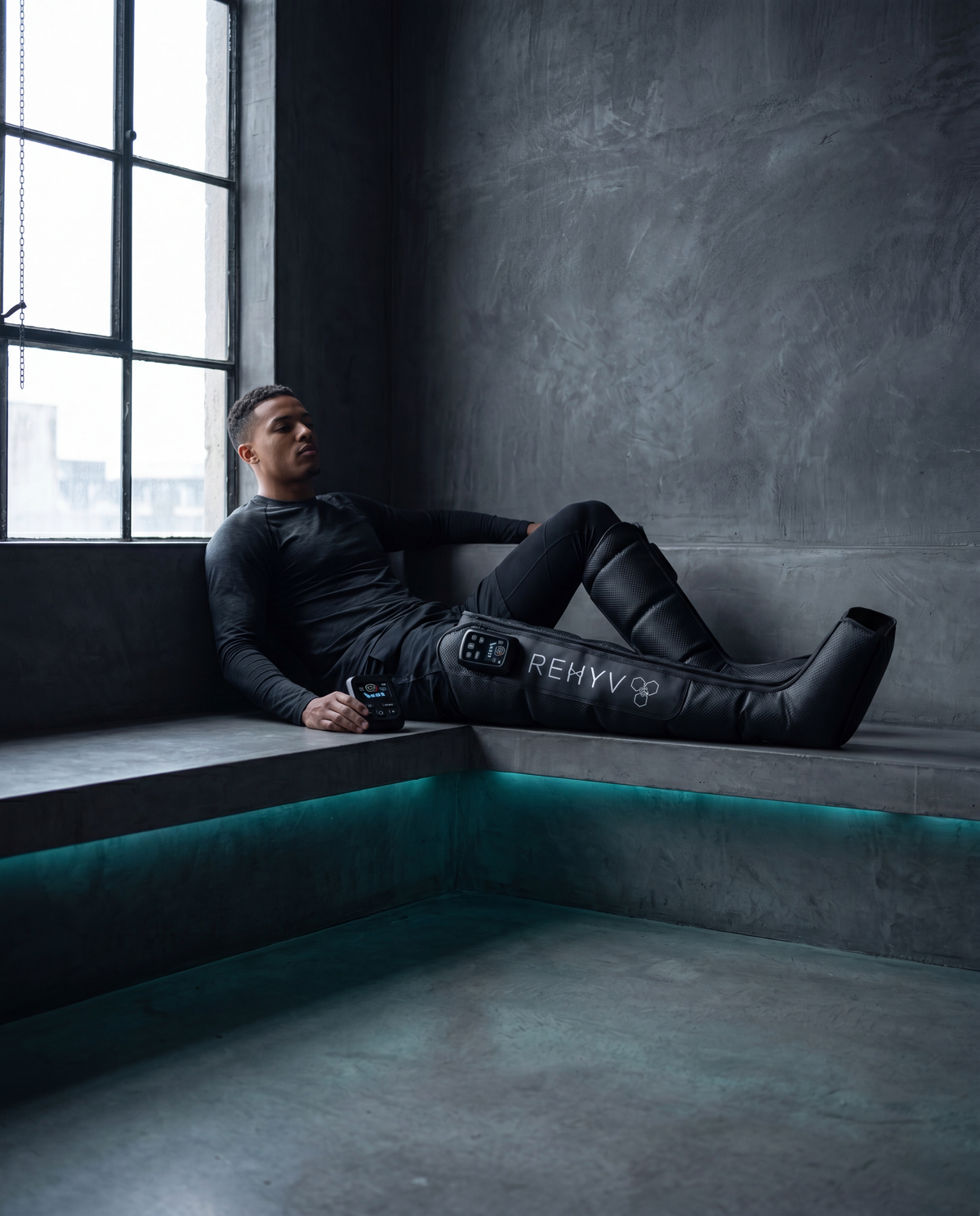 Athlete reclined using ReHYV Pulse Pro — concrete-loft recovery moment