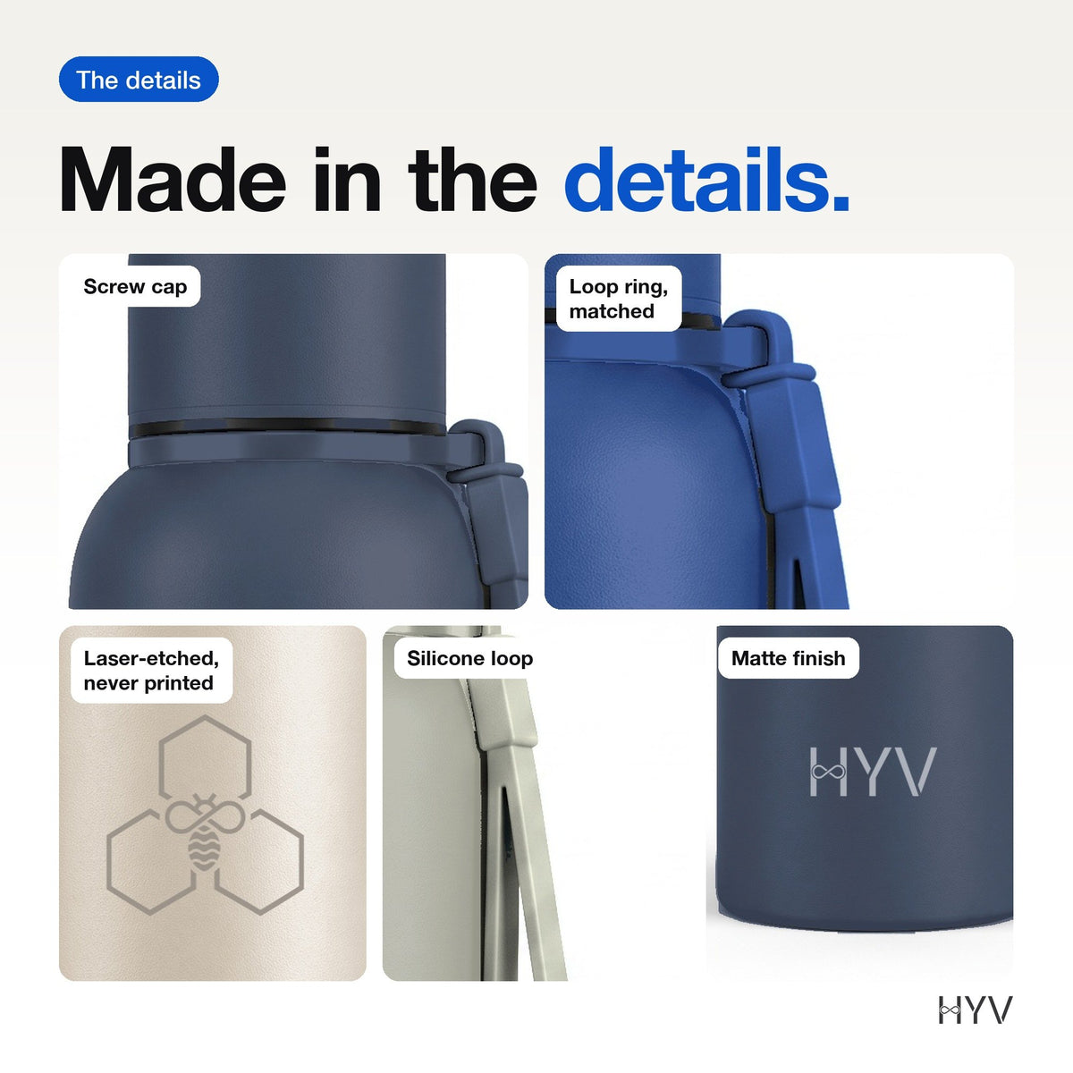 HYV CoreFlow: detail close-ups of the screw cap, loop, etched mark and finish