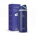HYV DualFlow 750ml bottle in indigo navy, beside its purple retail box