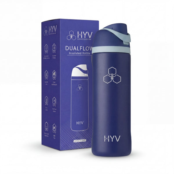 HYV DualFlow 750ml bottle in indigo navy, beside its purple retail box