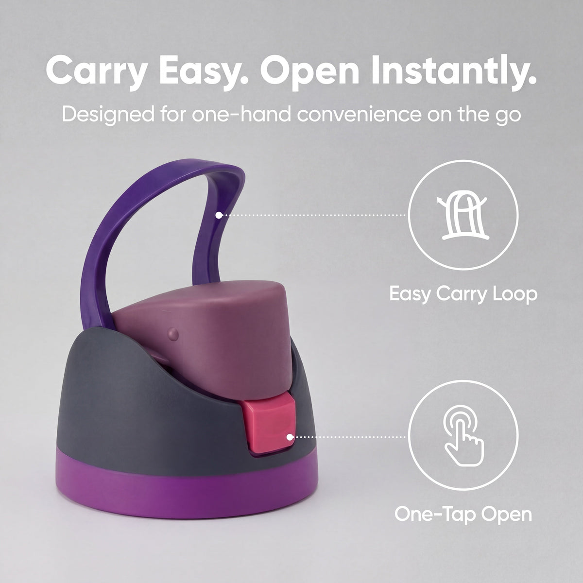 Detail of the HYV DualFlow lid with its carry loop and one-tap opening button