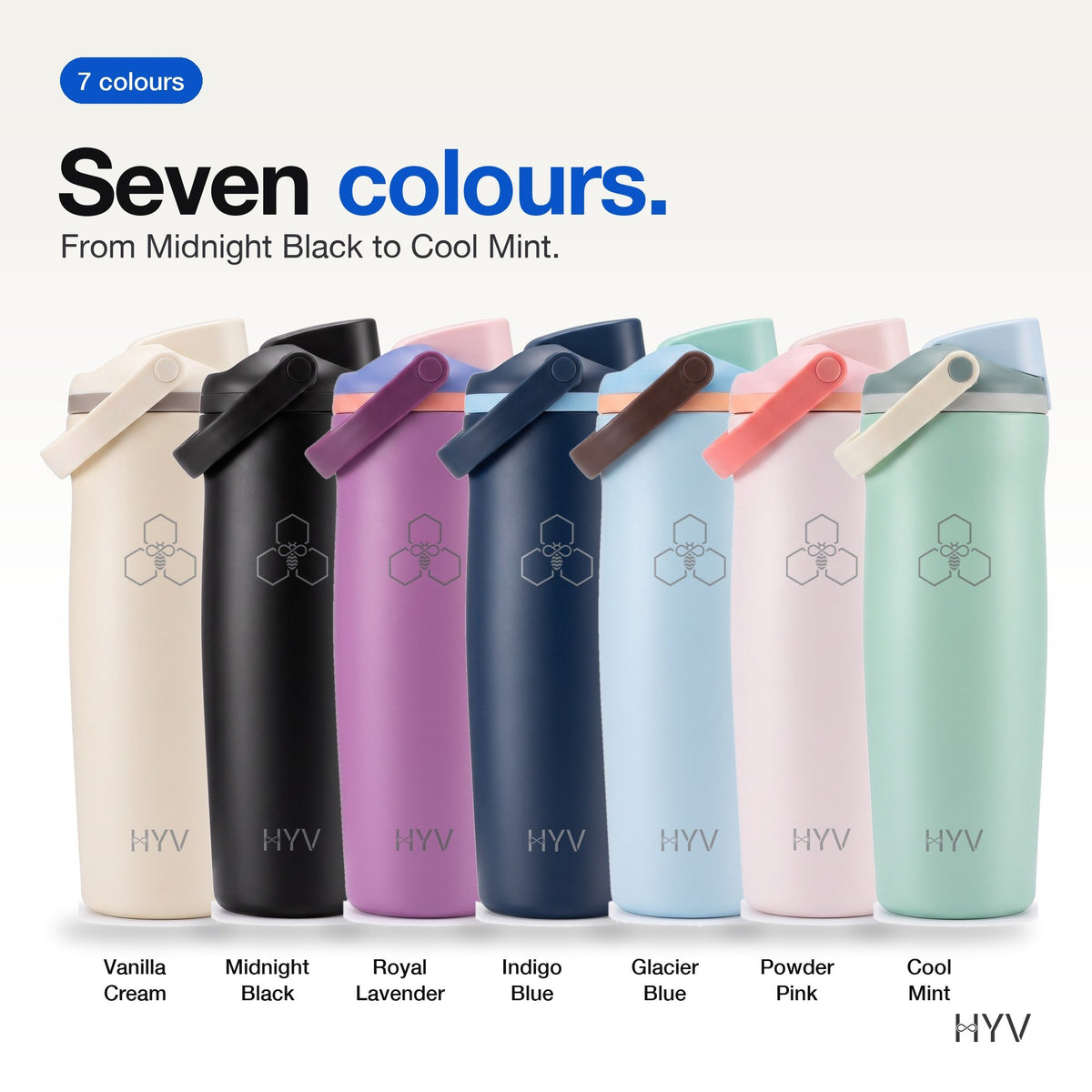 HYV DualFlow Carry: all seven colours side by side