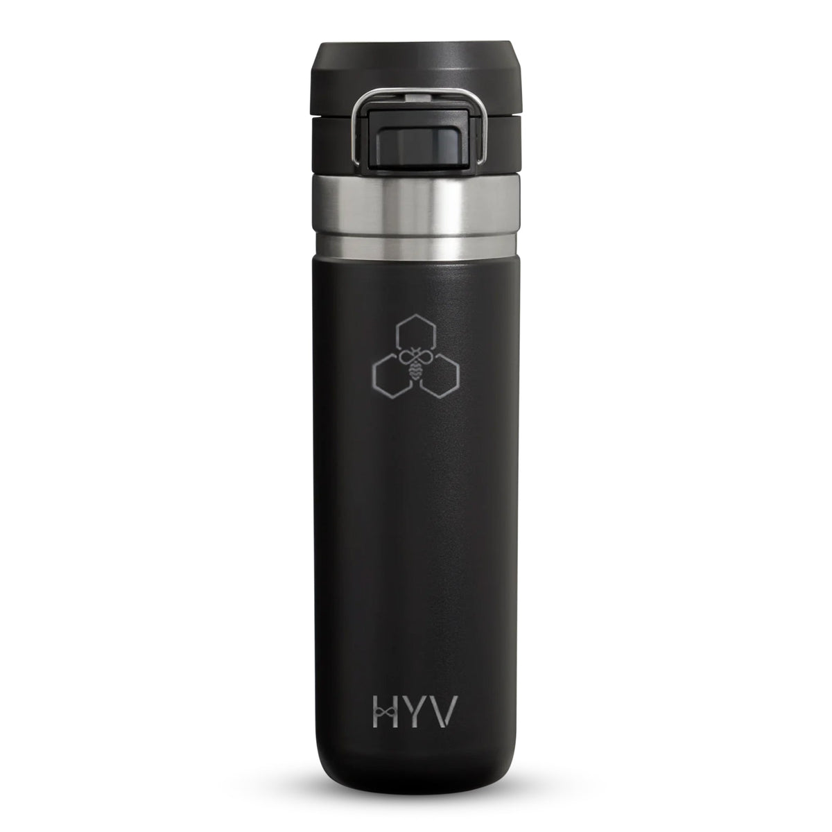 HYV FlipFlow 750ml bottle in midnight black, photographed on white