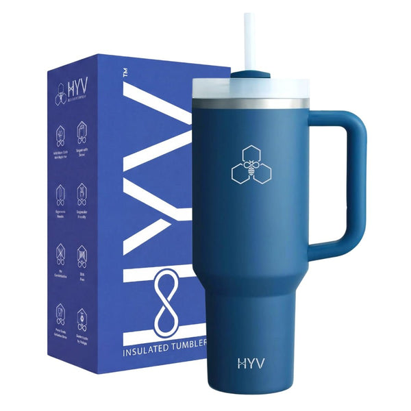 HYV HydroFlow 1.2 litre tumbler in teal blue, beside its blue retail box