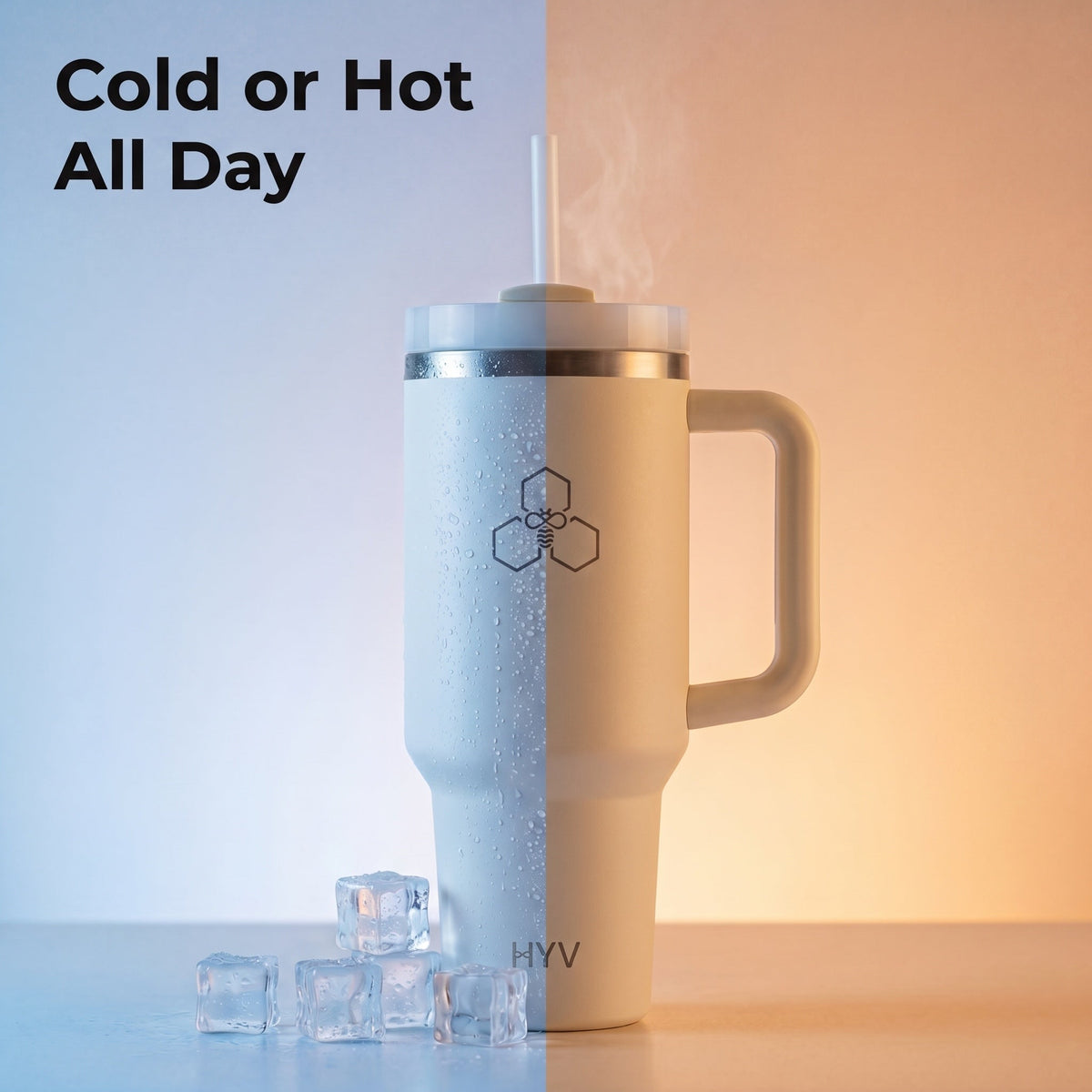 HYV HydroFlow tumbler between a cold blue field with ice and a warm amber one