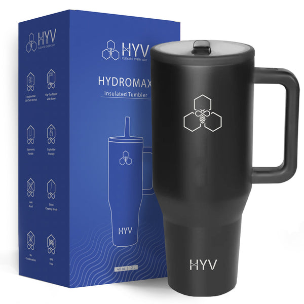 HYV HydroMax 1.2 litre tumbler in midnight black, beside its blue retail box