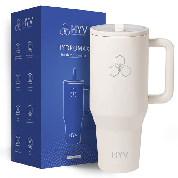 HYV HydroMax 1.2 litre tumbler in Arctic White, beside its blue retail box