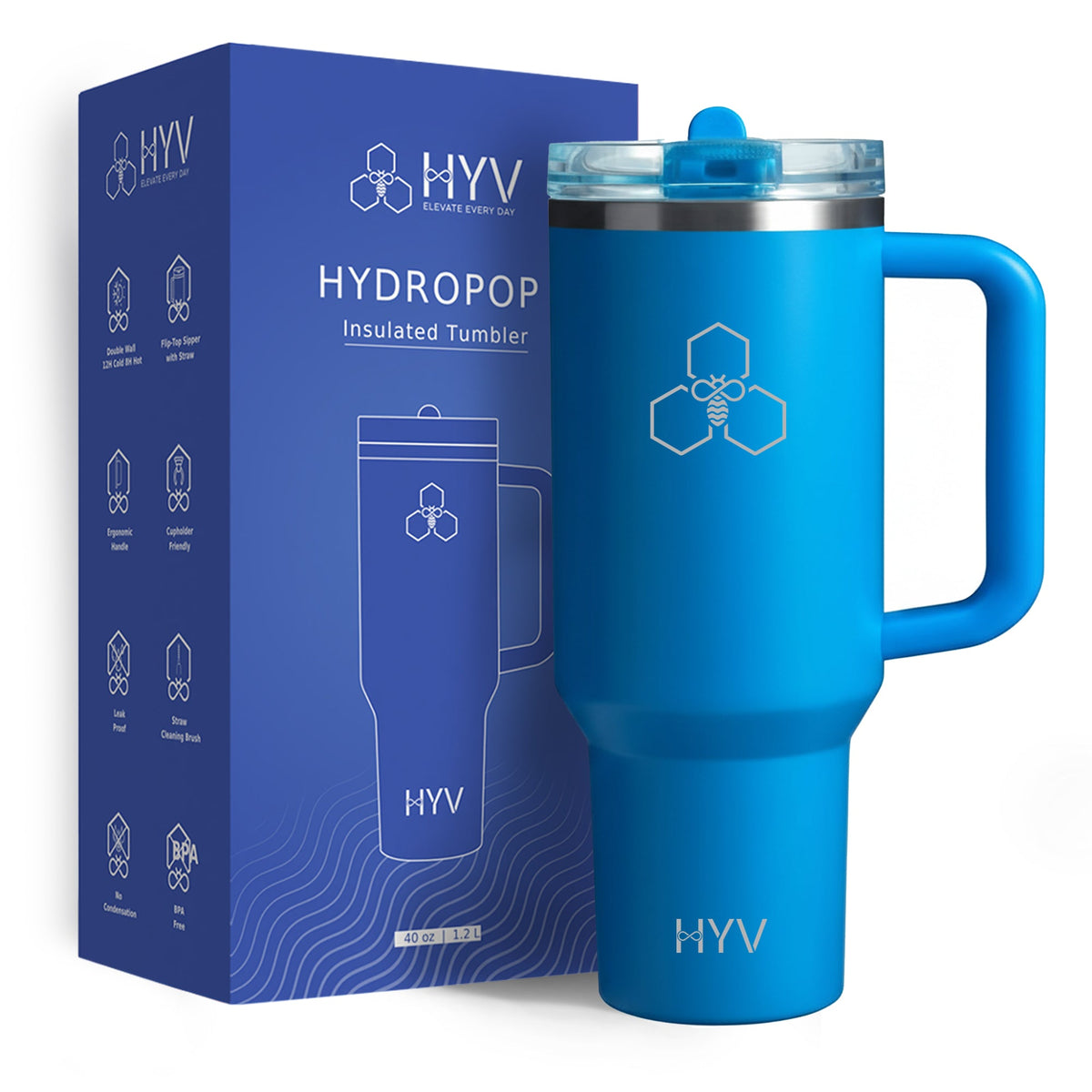 HYV HydroPop 1.2 litre tumbler in cobalt blue, beside its blue retail box