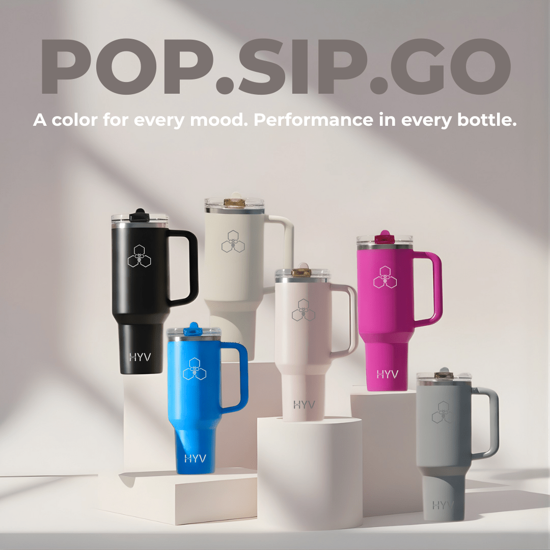 Five HYV HydroPop tumblers in different colours grouped on plinths