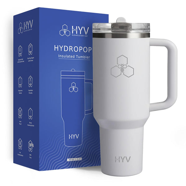 HYV HydroPop 1.2 litre tumbler in arctic white, beside its blue retail box