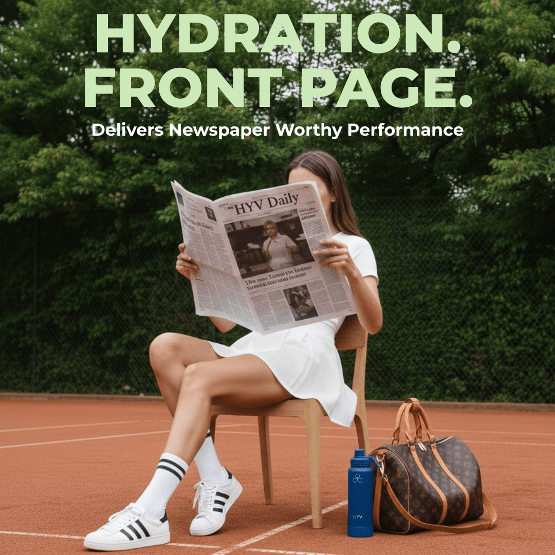 Man reading a newspaper on a clay tennis court with a navy HYV LuxeFlow bottle beside his bag