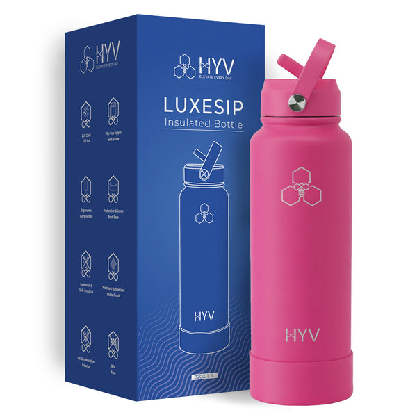 HYV LuxeSip 1 litre bottle in magenta pink, beside its blue retail box