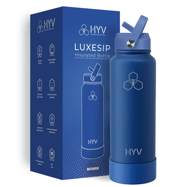 HYV LuxeSip 1 litre bottle in sapphire blue, beside its blue retail box
