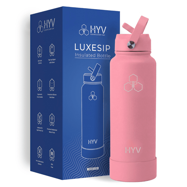 HYV LuxeSip 1 litre bottle in soft pink, beside its blue retail box