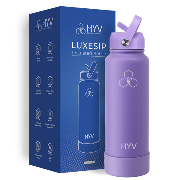 HYV LuxeSip 1 litre bottle in lilac purple, beside its blue retail box