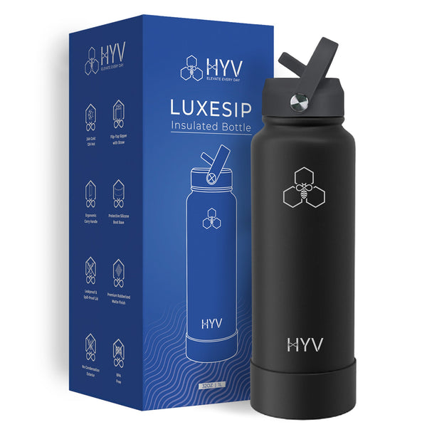 HYV LuxeSip 1 litre bottle in midnight black, beside its blue retail box