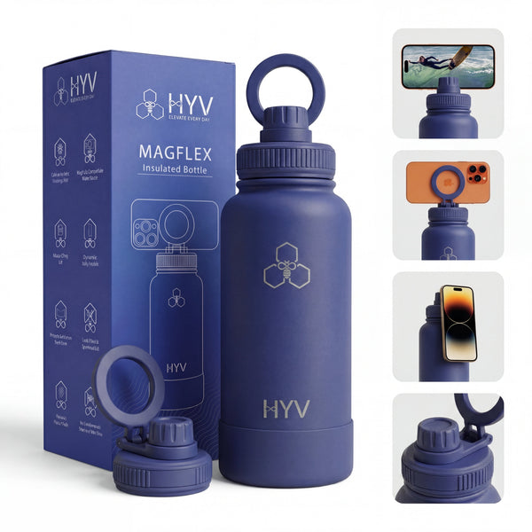HYV MagFlex 1 litre bottle in indigo navy, with its lid and phone-mount views, beside its blue retail box