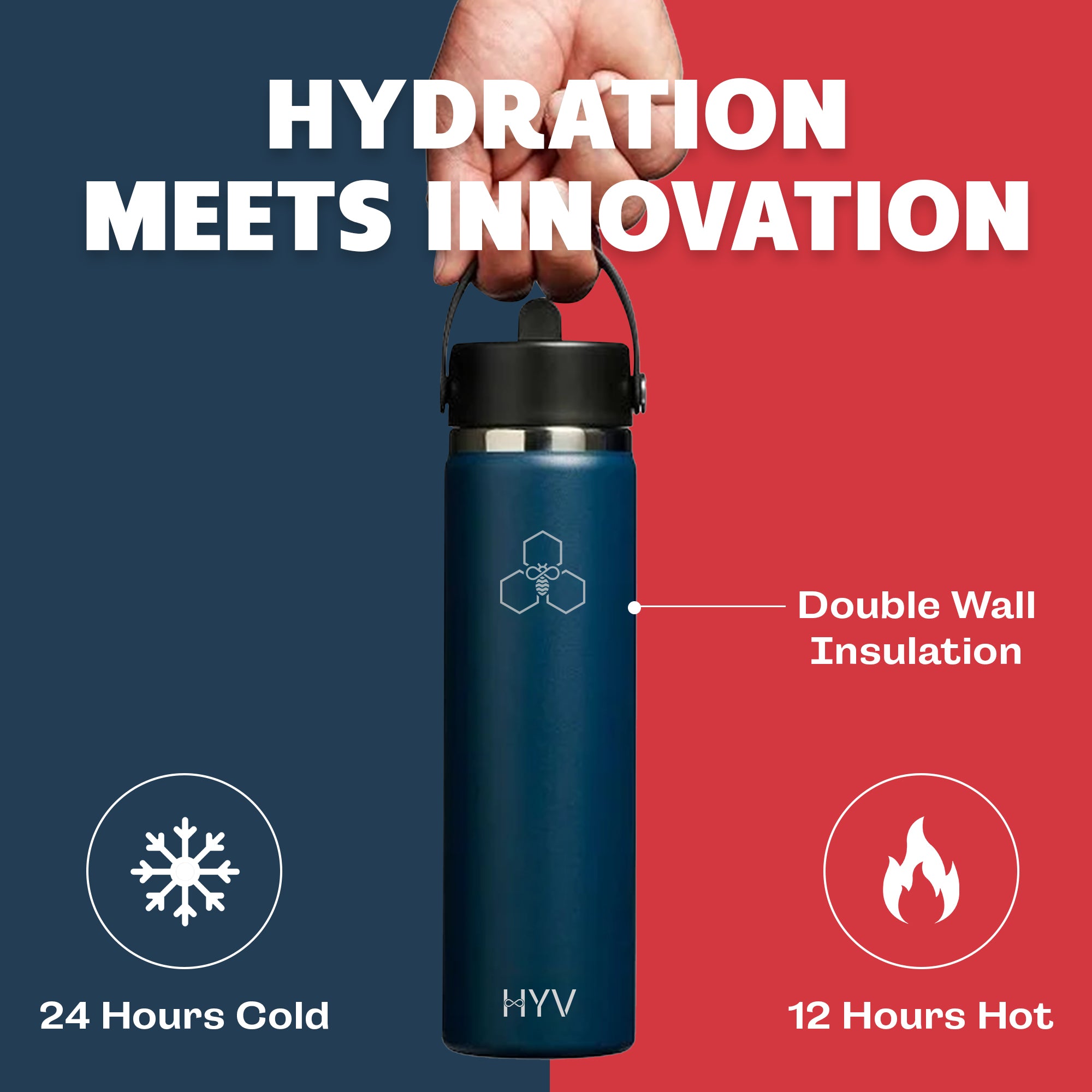 HYV MagFlex - Insulated Bottle with Magnetic Lid, Chug & Sipper Cap (710ml) - HYV